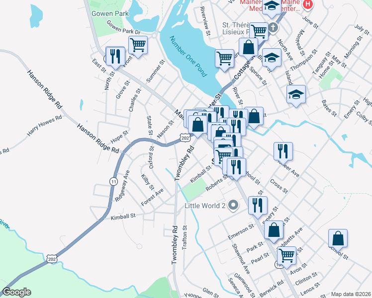 map of restaurants, bars, coffee shops, grocery stores, and more near 20 Lebanon Street in Sanford
