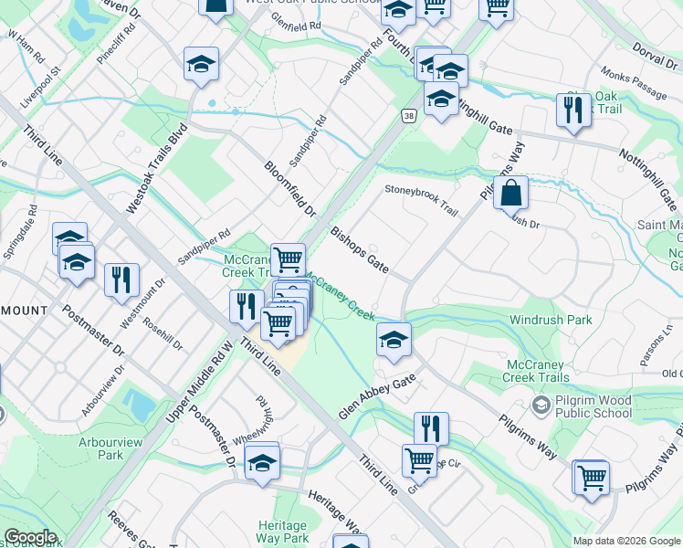 map of restaurants, bars, coffee shops, grocery stores, and more near 1490 Bishops Gate in Oakville