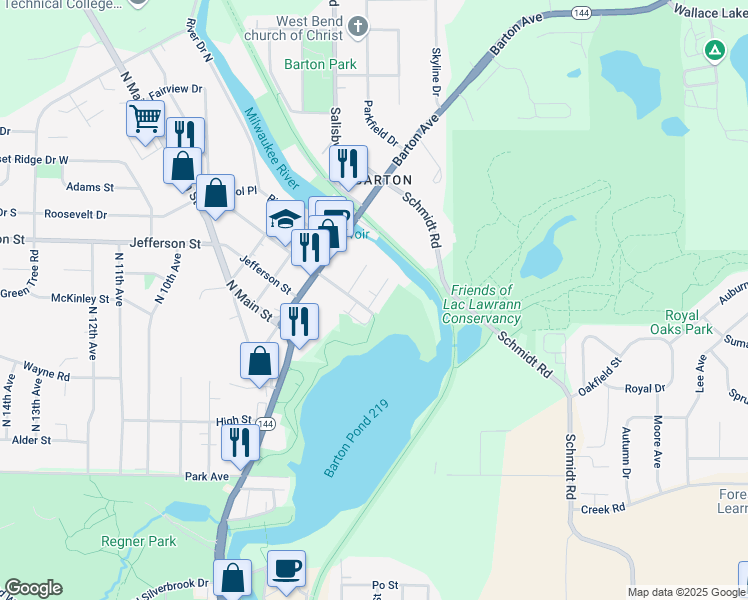 map of restaurants, bars, coffee shops, grocery stores, and more near 1731 Taylor Ln in West Bend