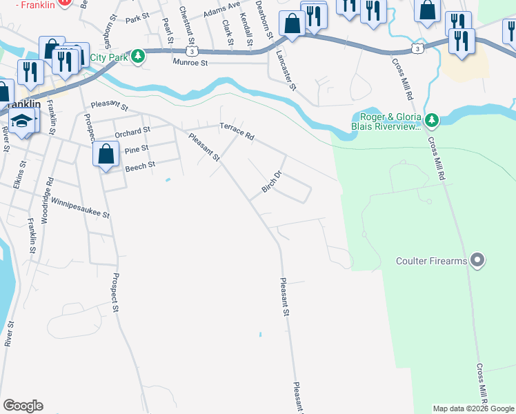 map of restaurants, bars, coffee shops, grocery stores, and more near 232 Pleasant Street in Franklin