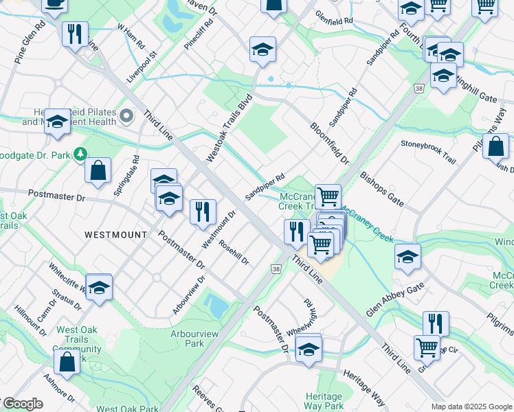 map of restaurants, bars, coffee shops, grocery stores, and more near 2063 White Dove Circle in Oakville