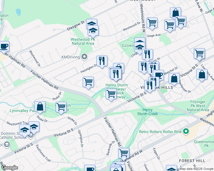 map of restaurants, bars, coffee shops, grocery stores, and more near 19 Dalegrove Drive in Kitchener