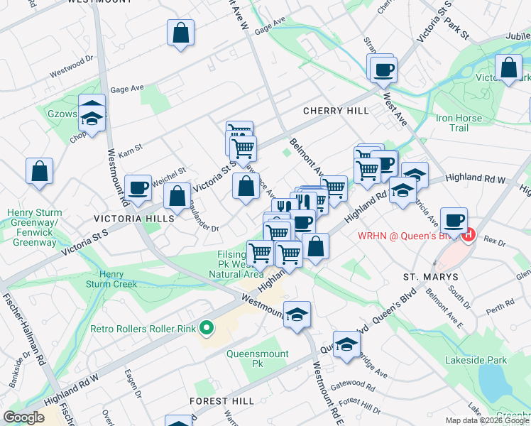 map of restaurants, bars, coffee shops, grocery stores, and more near 265 Lawrence Avenue in Kitchener