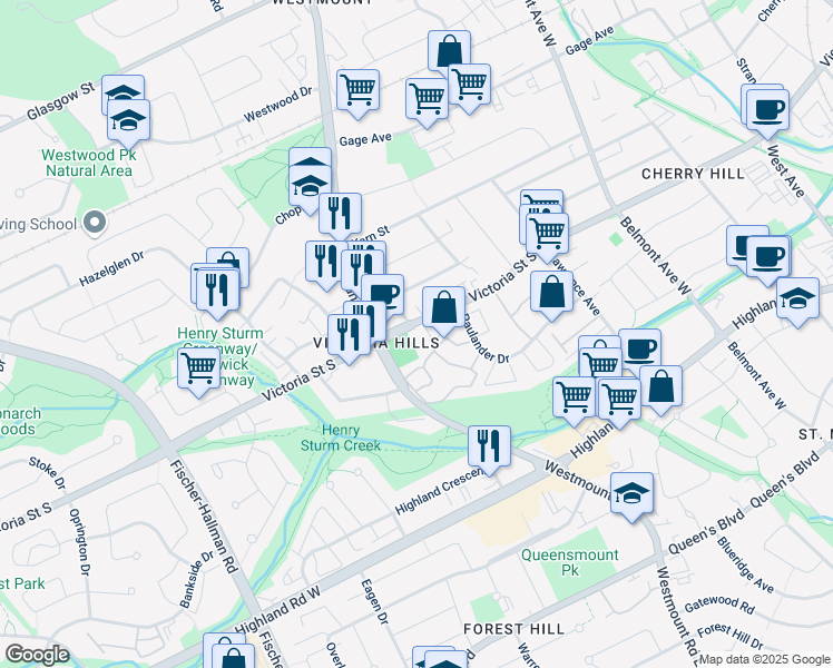 map of restaurants, bars, coffee shops, grocery stores, and more near 676 Victoria Street South in Kitchener