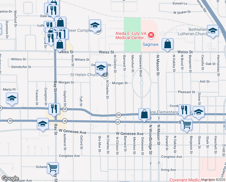 map of restaurants, bars, coffee shops, grocery stores, and more near 2327 North Clinton Street in Saginaw