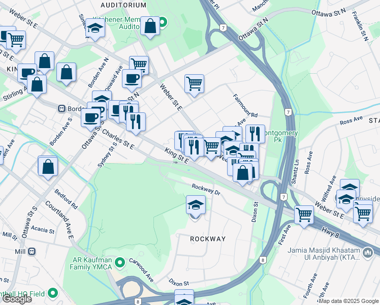 map of restaurants, bars, coffee shops, grocery stores, and more near 4 Jackson Avenue in Kitchener