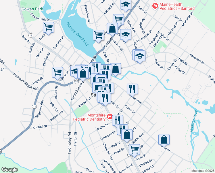 map of restaurants, bars, coffee shops, grocery stores, and more near 35 Washington Street in Sanford