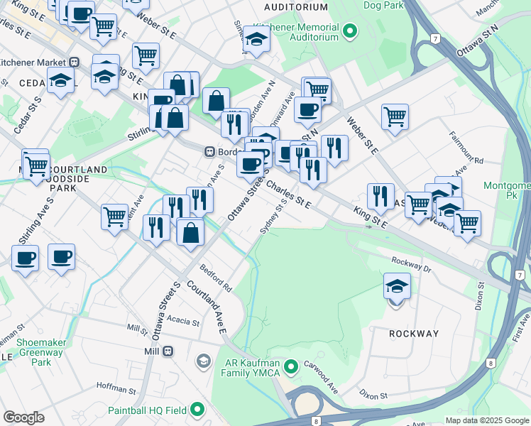 map of restaurants, bars, coffee shops, grocery stores, and more near 31 B Maurice Street in Kitchener