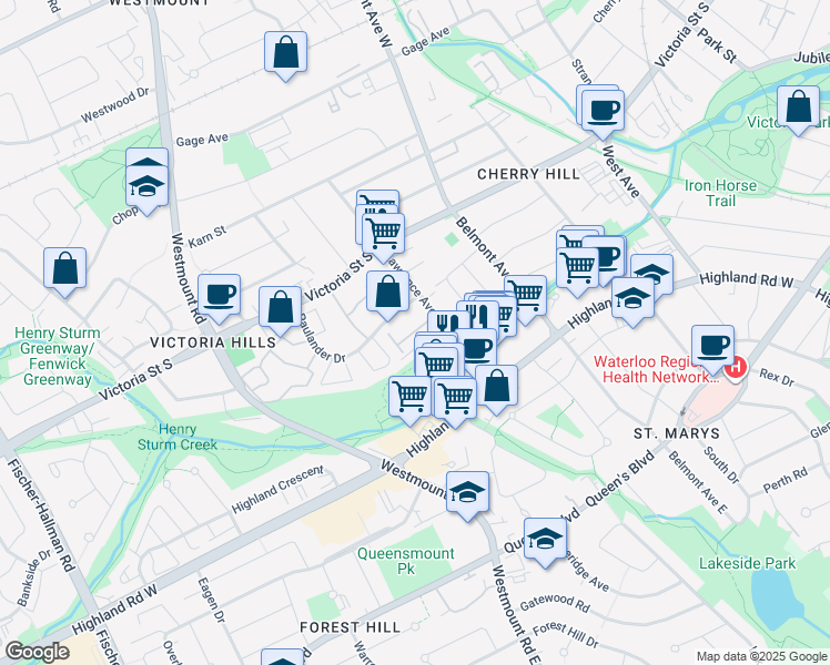 map of restaurants, bars, coffee shops, grocery stores, and more near 1 Lawrence Avenue in Kitchener