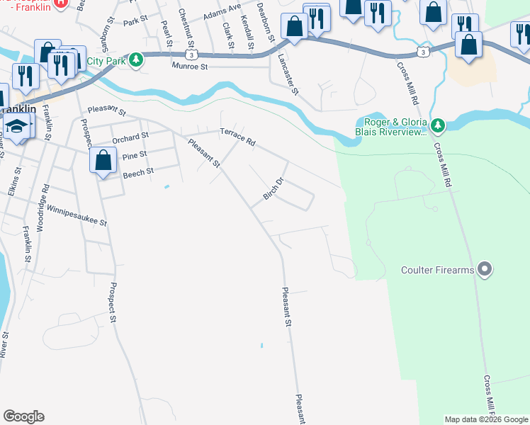 map of restaurants, bars, coffee shops, grocery stores, and more near 232 Pleasant Street in Franklin