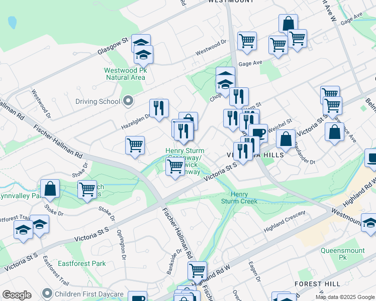 map of restaurants, bars, coffee shops, grocery stores, and more near 101 Hazelglen Drive in Kitchener