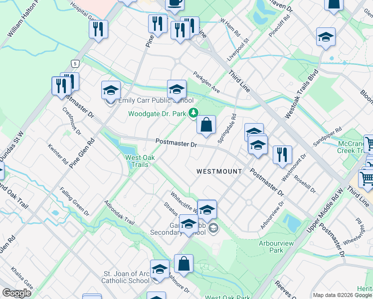 map of restaurants, bars, coffee shops, grocery stores, and more near 2320 Postmaster Drive in Oakville