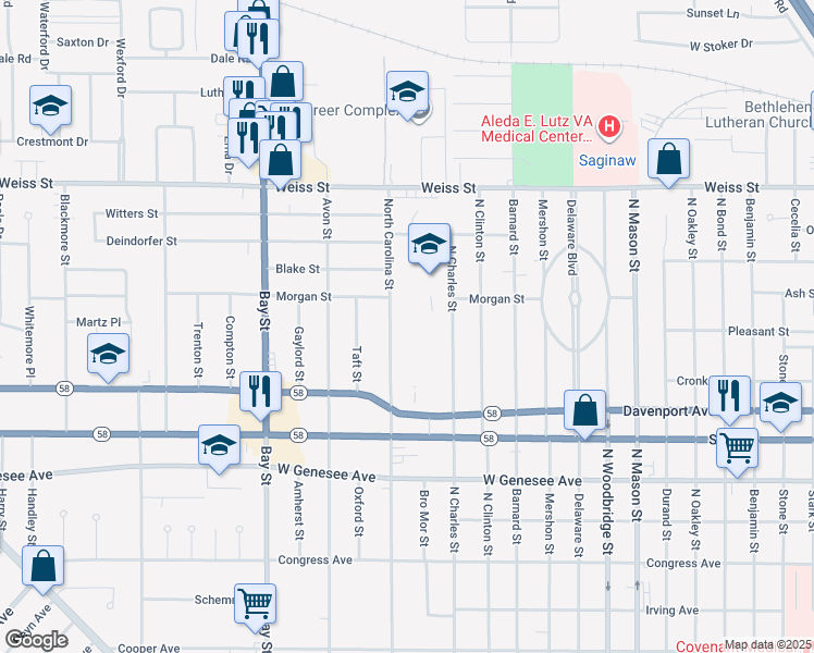 map of restaurants, bars, coffee shops, grocery stores, and more near 2282 North Carolina Street in Saginaw