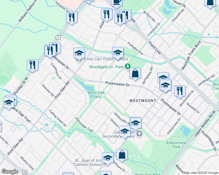 map of restaurants, bars, coffee shops, grocery stores, and more near 2338 Postmaster Drive in Oakville