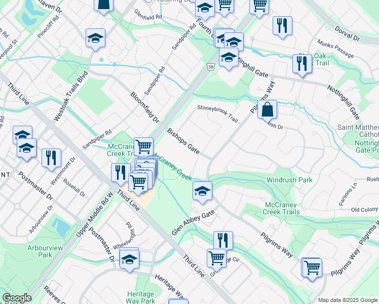 map of restaurants, bars, coffee shops, grocery stores, and more near 1430 Bishops Gate in Oakville