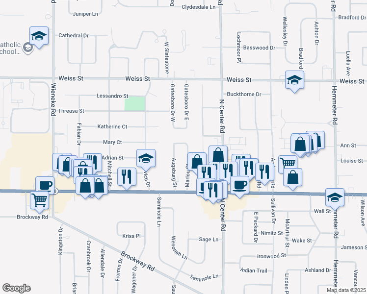 map of restaurants, bars, coffee shops, grocery stores, and more near 2191 Marlou Court in Saginaw