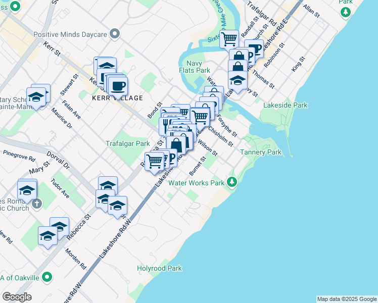 map of restaurants, bars, coffee shops, grocery stores, and more near 95 Kerr Street in Oakville