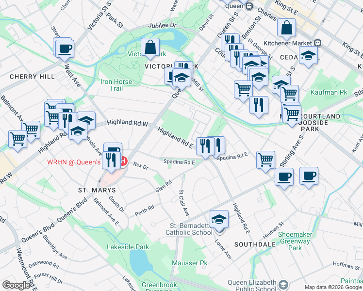 map of restaurants, bars, coffee shops, grocery stores, and more near 75 Highland Road East in Kitchener