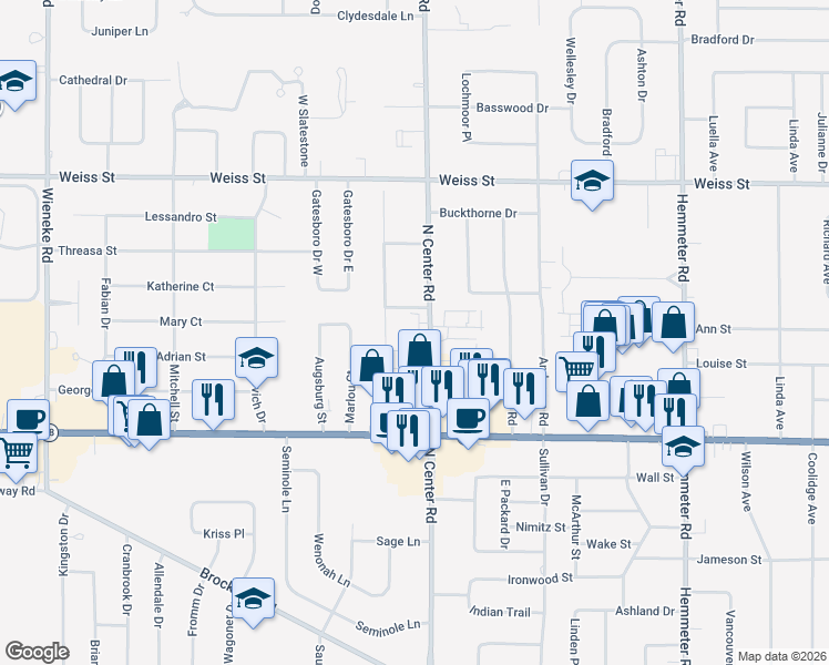 map of restaurants, bars, coffee shops, grocery stores, and more near 2213 North Center Road in Saginaw