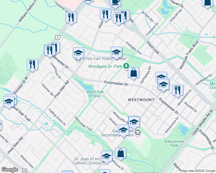 map of restaurants, bars, coffee shops, grocery stores, and more near 2187 Mariposa Road in Oakville