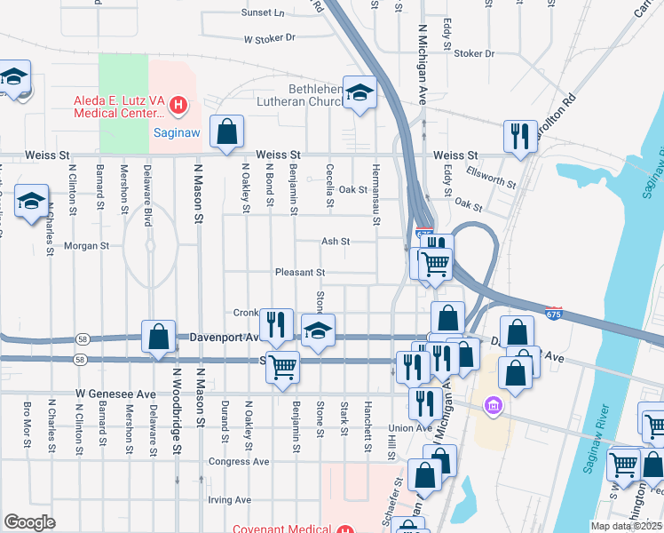 map of restaurants, bars, coffee shops, grocery stores, and more near 2413 Stone Street in Saginaw
