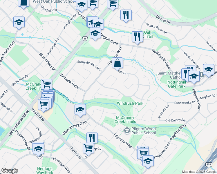 map of restaurants, bars, coffee shops, grocery stores, and more near 1154 Windrush Drive in Oakville