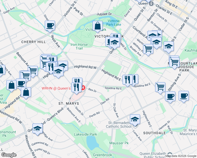 map of restaurants, bars, coffee shops, grocery stores, and more near 40 Winslow Drive in Kitchener