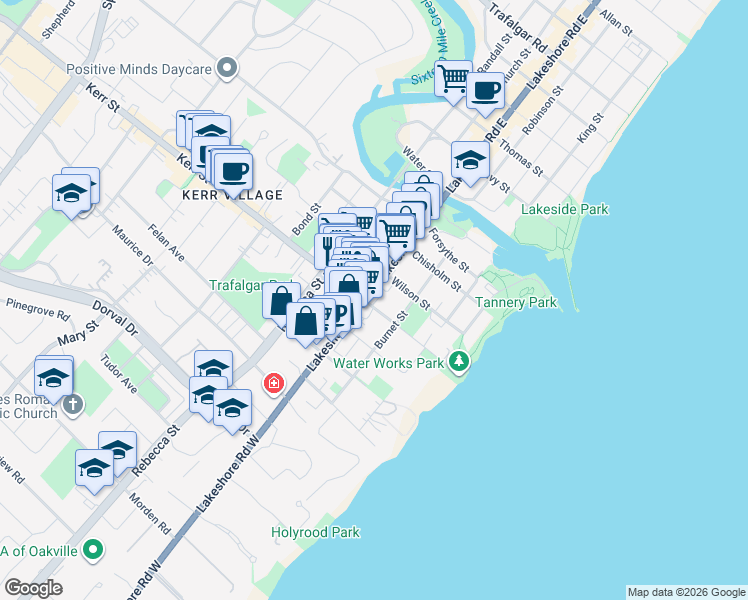 map of restaurants, bars, coffee shops, grocery stores, and more near 95 Kerr Street in Oakville