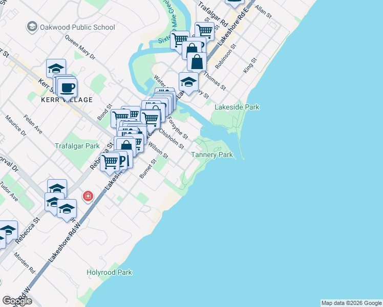 map of restaurants, bars, coffee shops, grocery stores, and more near 23 Chisholm Street in Oakville
