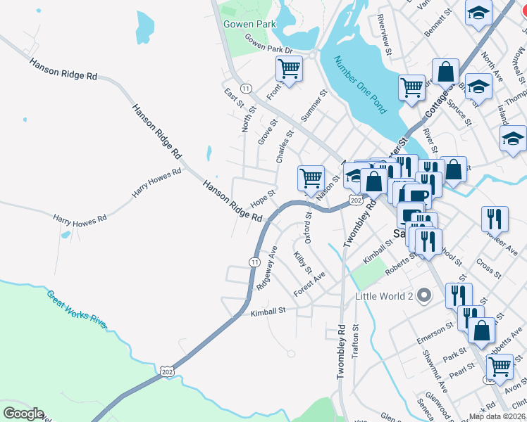 map of restaurants, bars, coffee shops, grocery stores, and more near 61 Lebanon Street in Sanford