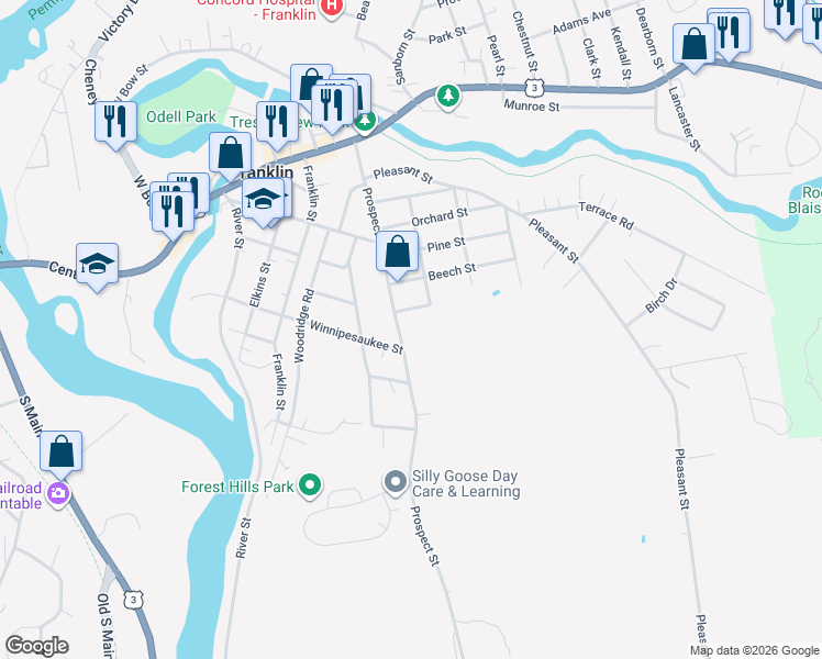 map of restaurants, bars, coffee shops, grocery stores, and more near 152 Auburn Street in Franklin