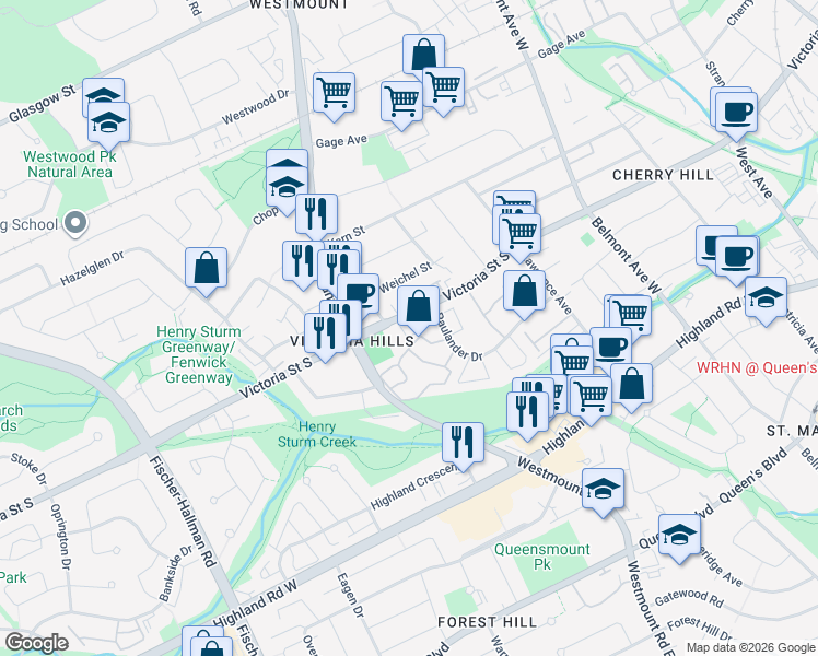 map of restaurants, bars, coffee shops, grocery stores, and more near 643 Victoria Street South in Kitchener