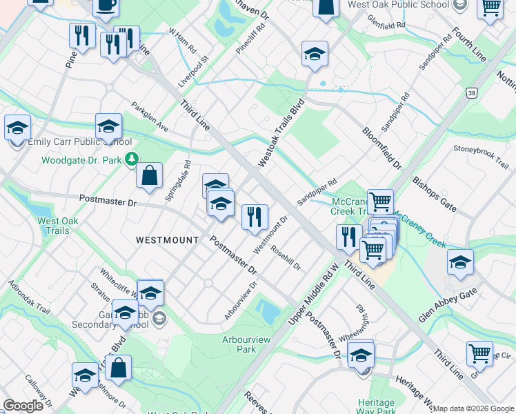 map of restaurants, bars, coffee shops, grocery stores, and more near 2143 Nightstar Drive in Oakville