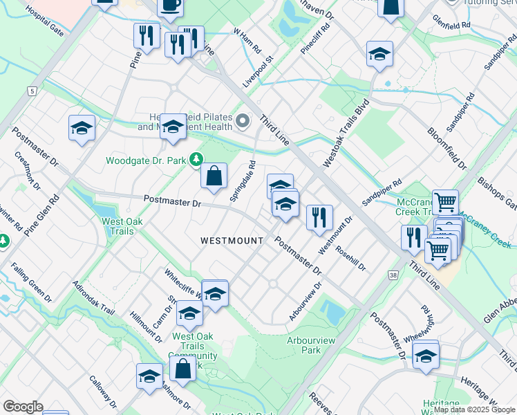 map of restaurants, bars, coffee shops, grocery stores, and more near 2189 Postmaster Drive in Oakville