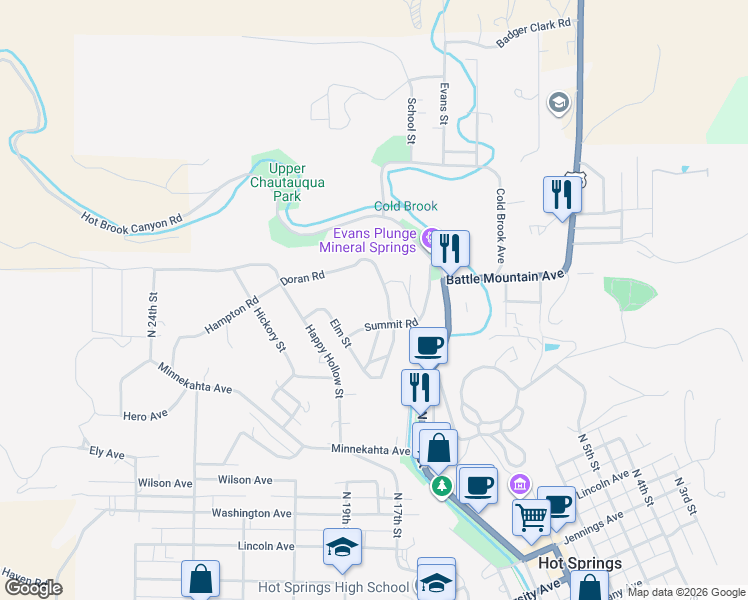 map of restaurants, bars, coffee shops, grocery stores, and more near 1701-2049 Doran Road in Hot Springs