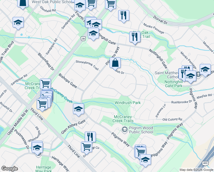 map of restaurants, bars, coffee shops, grocery stores, and more near in Oakville