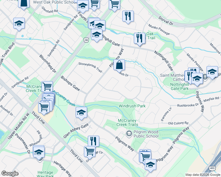 map of restaurants, bars, coffee shops, grocery stores, and more near 1154 Windrush Drive in Oakville