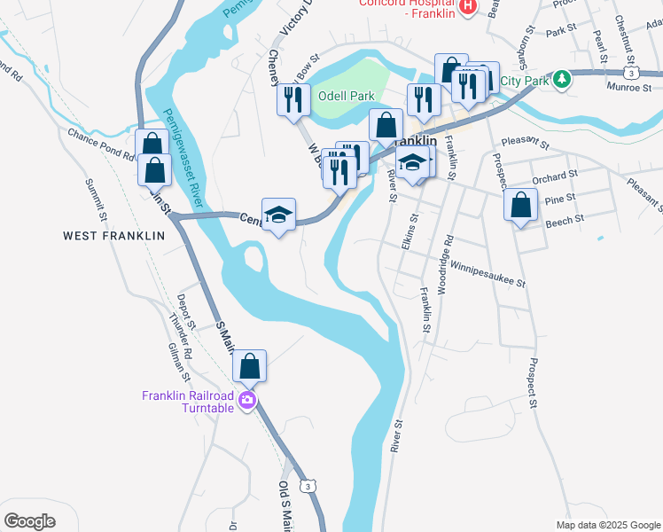 map of restaurants, bars, coffee shops, grocery stores, and more near 42 Grove Street in Franklin