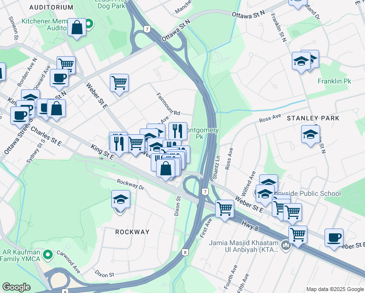 map of restaurants, bars, coffee shops, grocery stores, and more near 153 Brentwood Avenue in Kitchener