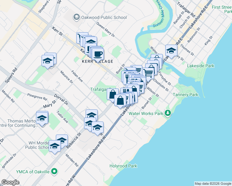 map of restaurants, bars, coffee shops, grocery stores, and more near 133 Rebecca Street in Oakville