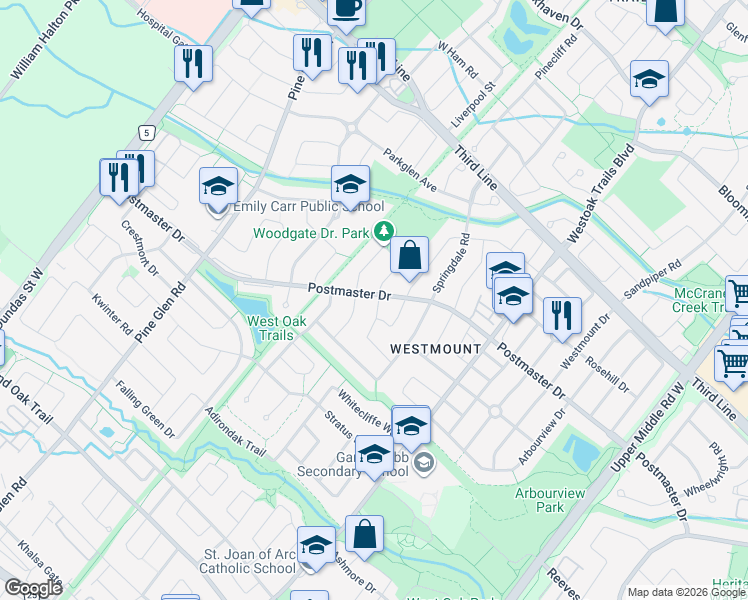 map of restaurants, bars, coffee shops, grocery stores, and more near 2320 Postmaster Drive in Oakville