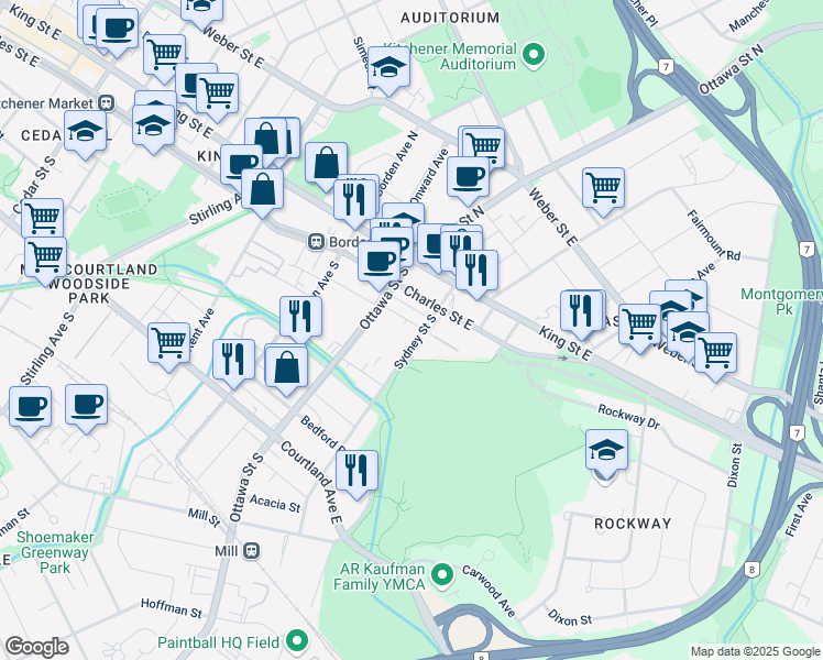 map of restaurants, bars, coffee shops, grocery stores, and more near 39 Maurice Street in Kitchener