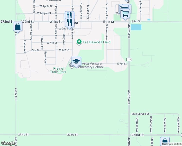 map of restaurants, bars, coffee shops, grocery stores, and more near 225 East 7th Street in Tea