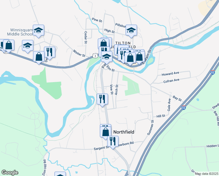 map of restaurants, bars, coffee shops, grocery stores, and more near 9 Oak Street in Northfield