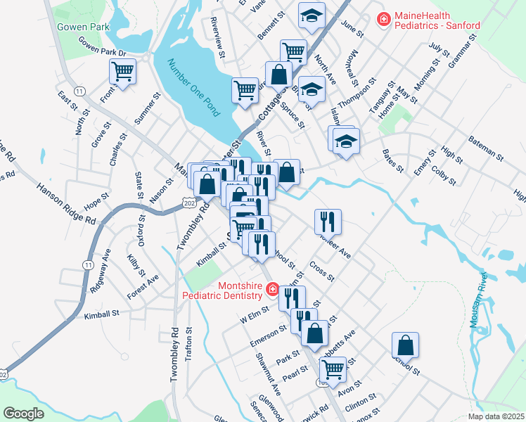 map of restaurants, bars, coffee shops, grocery stores, and more near 35 Washington Street in Sanford