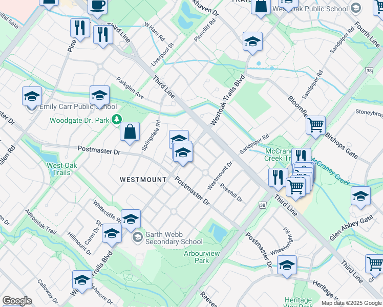 map of restaurants, bars, coffee shops, grocery stores, and more near 2168 Nightstar Drive in Oakville