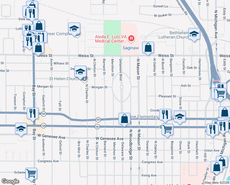 map of restaurants, bars, coffee shops, grocery stores, and more near 2316 Mershon Street in Saginaw