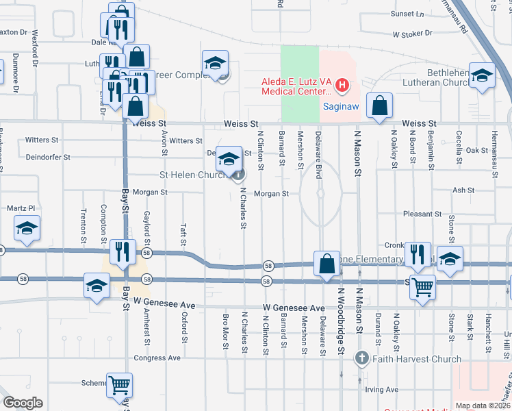 map of restaurants, bars, coffee shops, grocery stores, and more near 2327 North Clinton Street in Saginaw