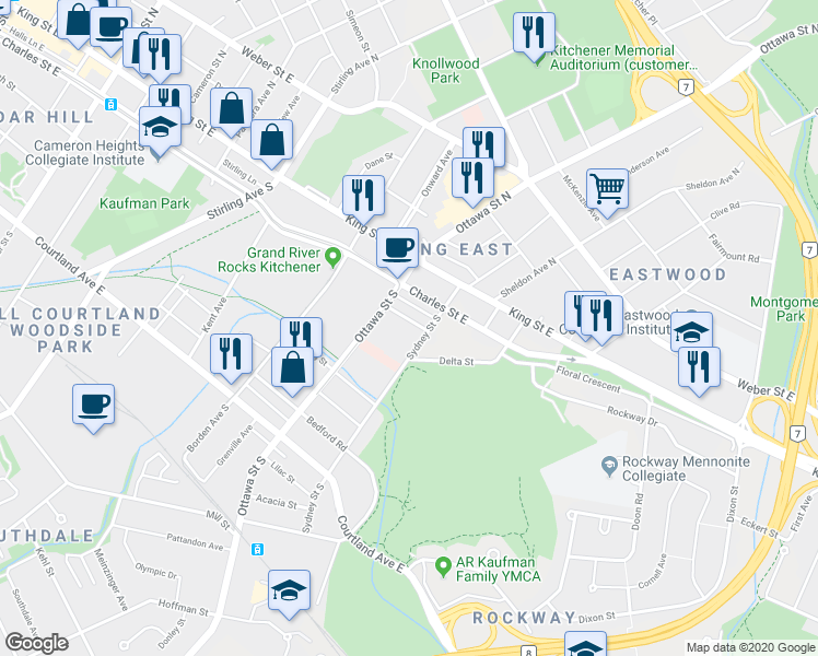map of restaurants, bars, coffee shops, grocery stores, and more near 31 B Maurice Street in Kitchener