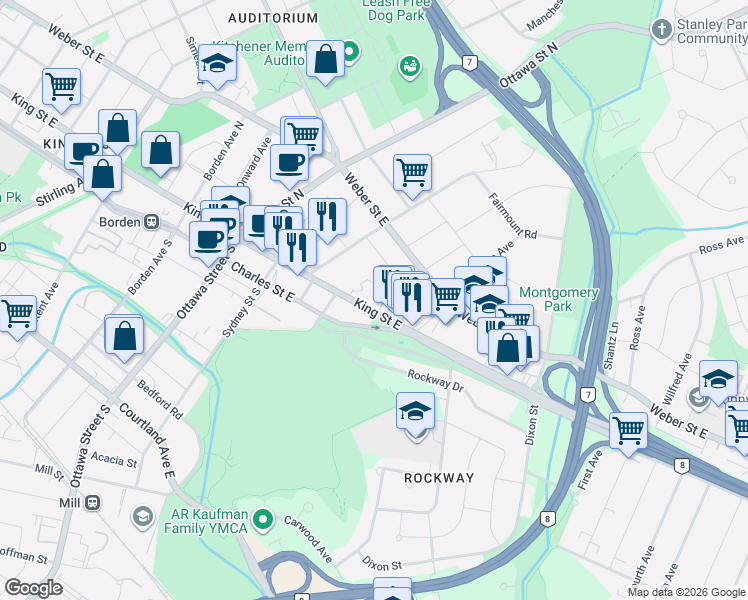 map of restaurants, bars, coffee shops, grocery stores, and more near 1420 King Street East in Kitchener